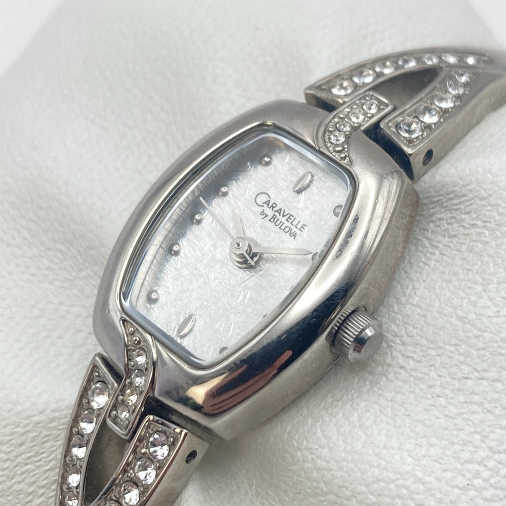Caravelle by Bulova Women's Watch Silver Tone Crystals Textured New Battery TINY